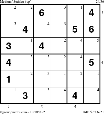 The grouppuzzles.com Medium Sudoku-6up puzzle for Friday October 10, 2025 with all 5 steps marked
