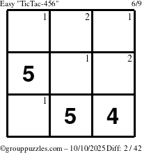 The grouppuzzles.com Easy TicTac-456 puzzle for Friday October 10, 2025 with the first 2 steps marked