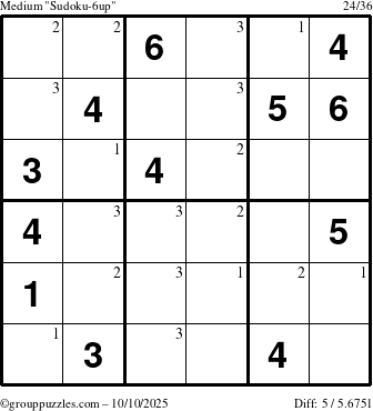 The grouppuzzles.com Medium Sudoku-6up puzzle for Friday October 10, 2025 with the first 3 steps marked