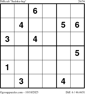 The grouppuzzles.com Difficult Sudoku-6up puzzle for Friday October 10, 2025