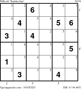 The grouppuzzles.com Difficult Sudoku-6up puzzle for Friday October 10, 2025 with all 6 steps marked