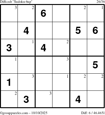 The grouppuzzles.com Difficult Sudoku-6up puzzle for Friday October 10, 2025 with the first 3 steps marked