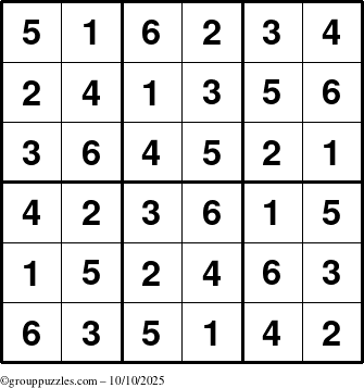The grouppuzzles.com Answer grid for the Sudoku-6up puzzle for Friday October 10, 2025