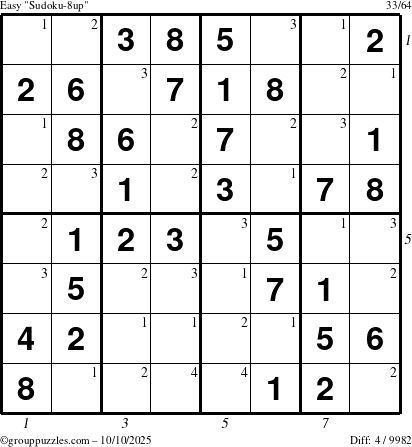 The grouppuzzles.com Easy Sudoku-8up puzzle for Friday October 10, 2025 with all 4 steps marked