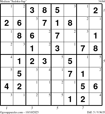 The grouppuzzles.com Medium Sudoku-8up puzzle for Friday October 10, 2025 with all 5 steps marked