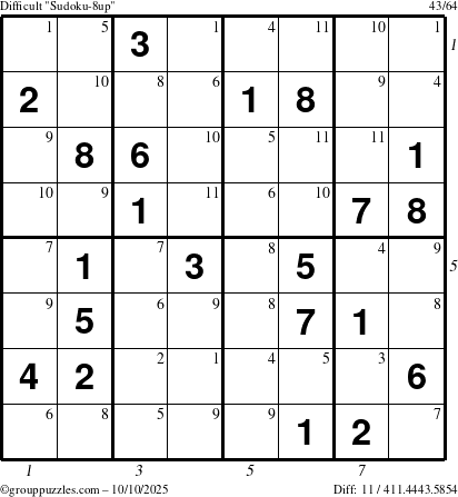The grouppuzzles.com Difficult Sudoku-8up puzzle for Friday October 10, 2025 with all 11 steps marked
