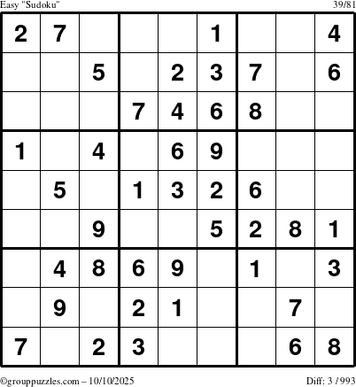 The grouppuzzles.com Easy Sudoku puzzle for Friday October 10, 2025