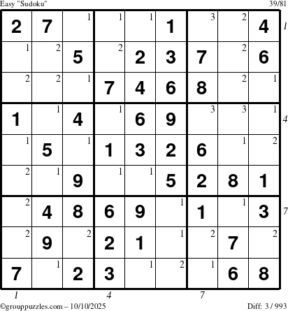 The grouppuzzles.com Easy Sudoku puzzle for Friday October 10, 2025 with all 3 steps marked