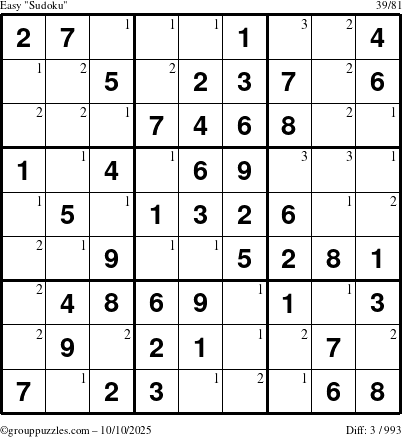 The grouppuzzles.com Easy Sudoku puzzle for Friday October 10, 2025 with the first 3 steps marked