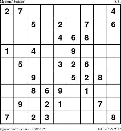 The grouppuzzles.com Medium Sudoku puzzle for Friday October 10, 2025