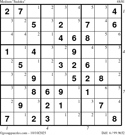 The grouppuzzles.com Medium Sudoku puzzle for Friday October 10, 2025 with all 6 steps marked