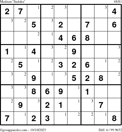 The grouppuzzles.com Medium Sudoku puzzle for Friday October 10, 2025 with the first 3 steps marked