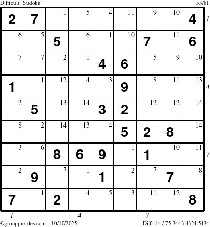 The grouppuzzles.com Difficult Sudoku puzzle for Friday October 10, 2025 with all 14 steps marked