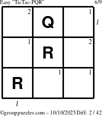 The grouppuzzles.com Easy TicTac-PQR puzzle for Friday October 10, 2025 with all 2 steps marked