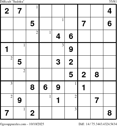 The grouppuzzles.com Difficult Sudoku puzzle for Friday October 10, 2025 with the first 3 steps marked