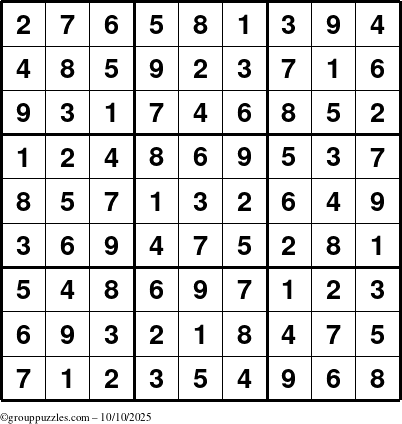 The grouppuzzles.com Answer grid for the Sudoku puzzle for Friday October 10, 2025