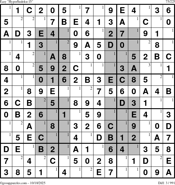 The grouppuzzles.com Easy HyperSudoku-15 puzzle for Friday October 10, 2025 with the first 3 steps marked