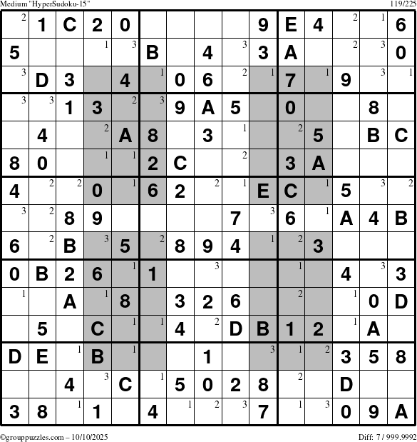 The grouppuzzles.com Medium HyperSudoku-15 puzzle for Friday October 10, 2025 with the first 3 steps marked