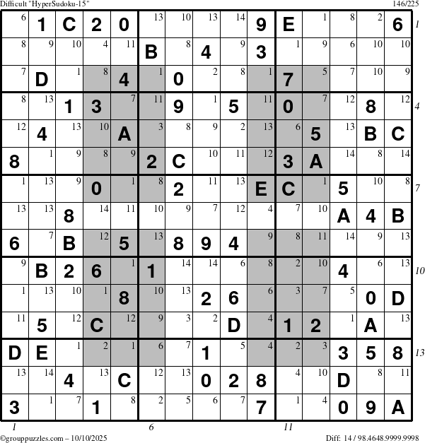 The grouppuzzles.com Difficult HyperSudoku-15 puzzle for Friday October 10, 2025 with all 14 steps marked