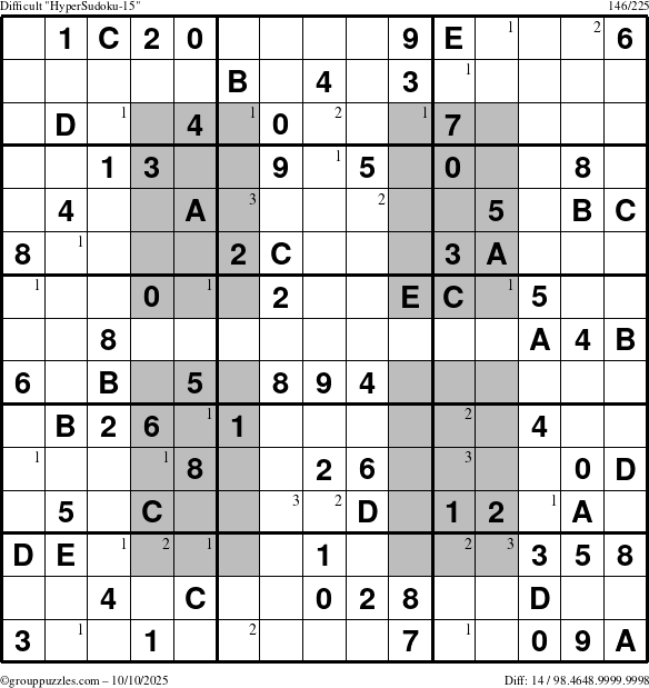 The grouppuzzles.com Difficult HyperSudoku-15 puzzle for Friday October 10, 2025 with the first 3 steps marked