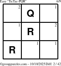 The grouppuzzles.com Easy TicTac-PQR puzzle for Friday October 10, 2025 with the first 2 steps marked