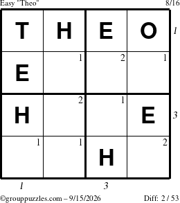 The grouppuzzles.com Easy Theo puzzle for Tuesday September 15, 2026, suitable for printing, with all 2 steps marked
