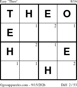 The grouppuzzles.com Easy Theo puzzle for Tuesday September 15, 2026 with the first 2 steps marked