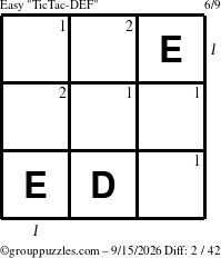 The grouppuzzles.com Easy TicTac-DEF puzzle for Tuesday September 15, 2026 with all 2 steps marked
