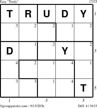 The grouppuzzles.com Easy Trudy puzzle for Tuesday September 15, 2026 with all 4 steps marked