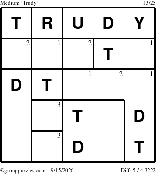 The grouppuzzles.com Medium Trudy puzzle for Tuesday September 15, 2026 with the first 3 steps marked