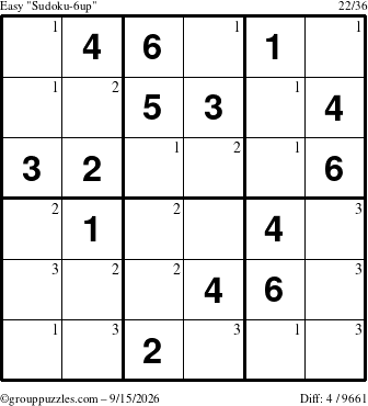 The grouppuzzles.com Easy Sudoku-6up puzzle for Tuesday September 15, 2026 with the first 3 steps marked