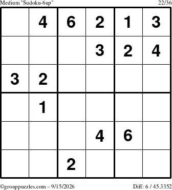 The grouppuzzles.com Medium Sudoku-6up puzzle for Tuesday September 15, 2026