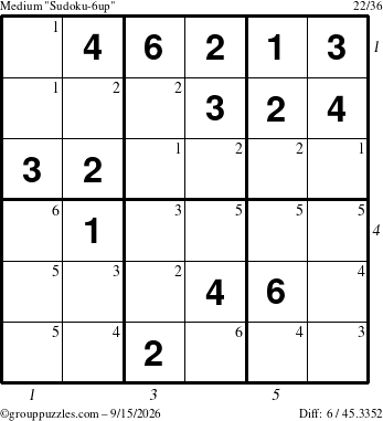 The grouppuzzles.com Medium Sudoku-6up puzzle for Tuesday September 15, 2026, suitable for printing, with all 6 steps marked