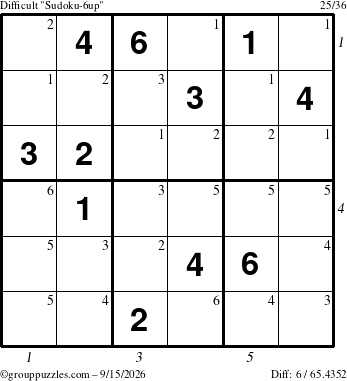 The grouppuzzles.com Difficult Sudoku-6up puzzle for Tuesday September 15, 2026, suitable for printing, with all 6 steps marked