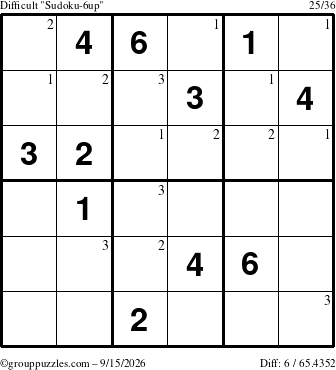 The grouppuzzles.com Difficult Sudoku-6up puzzle for Tuesday September 15, 2026 with the first 3 steps marked