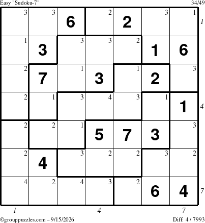 The grouppuzzles.com Easy Sudoku-7 puzzle for Tuesday September 15, 2026, suitable for printing, with all 4 steps marked