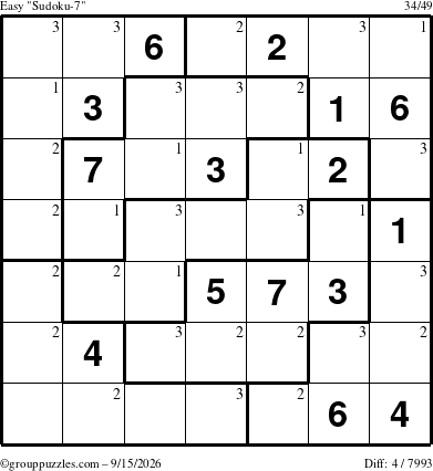 The grouppuzzles.com Easy Sudoku-7 puzzle for Tuesday September 15, 2026 with the first 3 steps marked