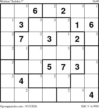 The grouppuzzles.com Medium Sudoku-7 puzzle for Tuesday September 15, 2026 with the first 3 steps marked
