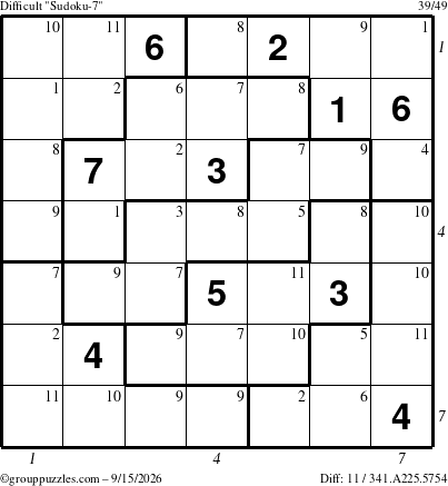 The grouppuzzles.com Difficult Sudoku-7 puzzle for Tuesday September 15, 2026 with all 11 steps marked