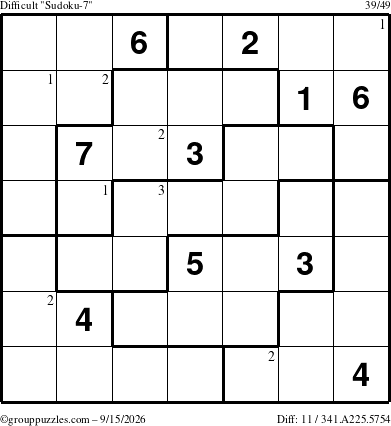 The grouppuzzles.com Difficult Sudoku-7 puzzle for Tuesday September 15, 2026 with the first 3 steps marked