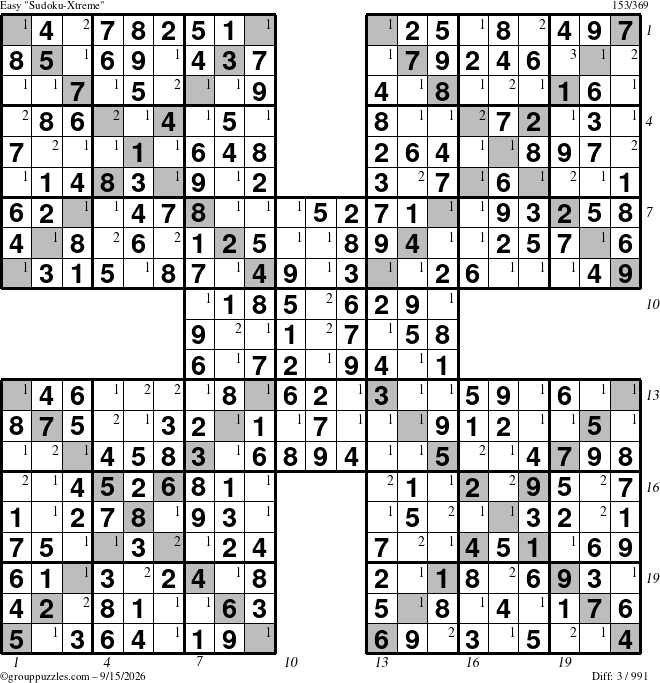 The grouppuzzles.com Easy Sudoku-Xtreme puzzle for Tuesday September 15, 2026, suitable for printing, with all 3 steps marked