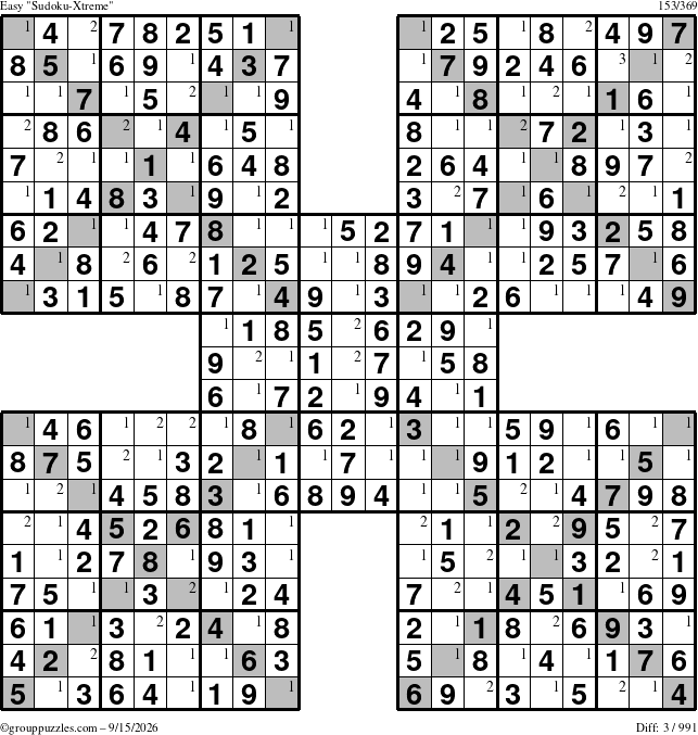 The grouppuzzles.com Easy Sudoku-Xtreme puzzle for Tuesday September 15, 2026 with the first 3 steps marked