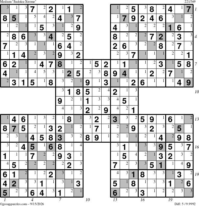The grouppuzzles.com Medium Sudoku-Xtreme puzzle for Tuesday September 15, 2026 with all 5 steps marked