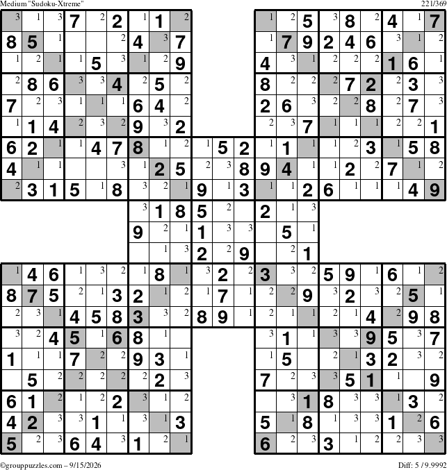 The grouppuzzles.com Medium Sudoku-Xtreme puzzle for Tuesday September 15, 2026 with the first 3 steps marked