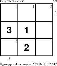 The grouppuzzles.com Easy TicTac-123 puzzle for Tuesday September 15, 2026 with all 2 steps marked