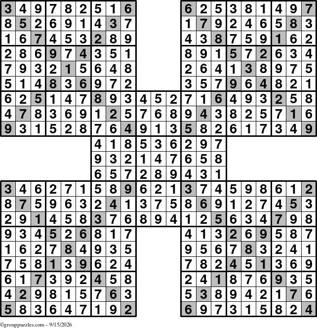 The grouppuzzles.com Answer grid for the Sudoku-Xtreme puzzle for Tuesday September 15, 2026