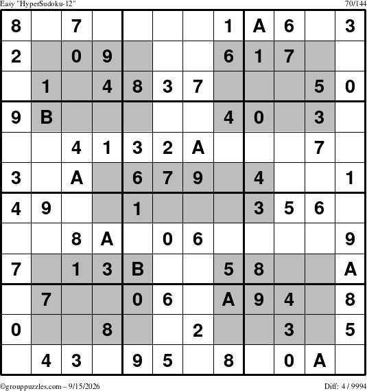 The grouppuzzles.com Easy HyperSudoku-12 puzzle for Tuesday September 15, 2026
