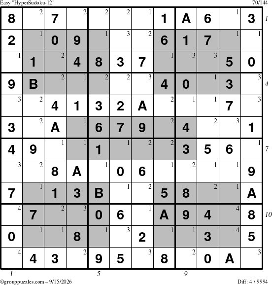 The grouppuzzles.com Easy HyperSudoku-12 puzzle for Tuesday September 15, 2026, suitable for printing, with all 4 steps marked