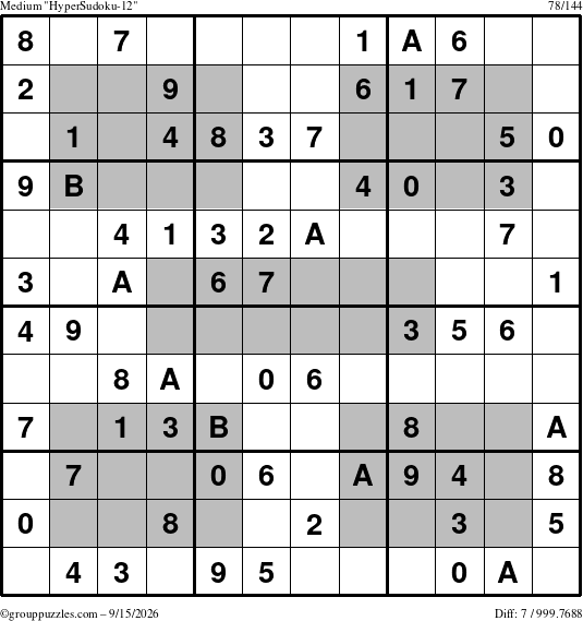 The grouppuzzles.com Medium HyperSudoku-12 puzzle for Tuesday September 15, 2026