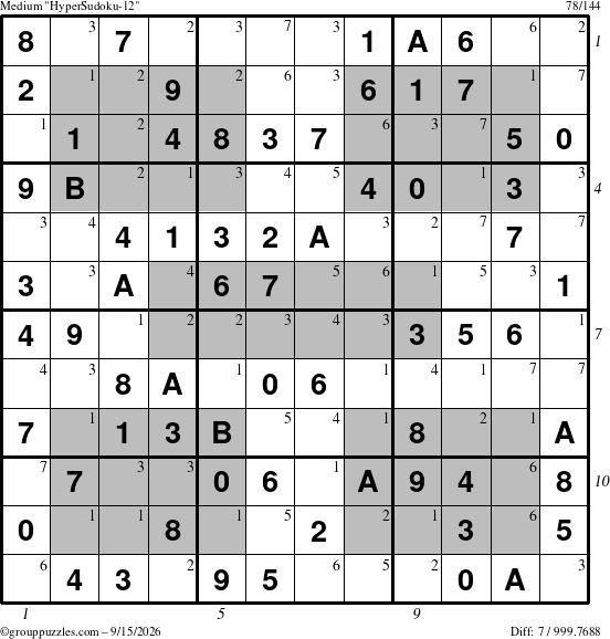 The grouppuzzles.com Medium HyperSudoku-12 puzzle for Tuesday September 15, 2026, suitable for printing, with all 7 steps marked
